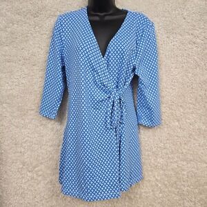 Fresh Produce Top Womens Large Blue Faux Wrap 3/4 Sleeve Stretch Cooling Beach